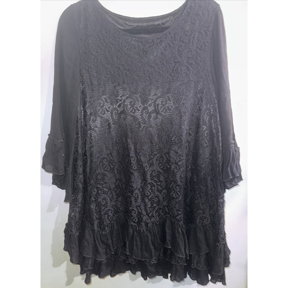 Black Lace Overlay Ruffle Tiered Hem Tunic Top Long Sleeve Boho Hippie L?